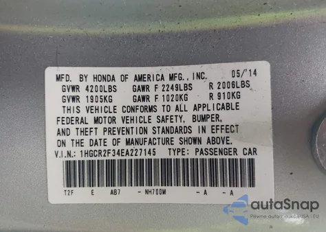 2014 Honda Accord Lx из США, поврежденный, VIN 1HGCR2F34EA227145